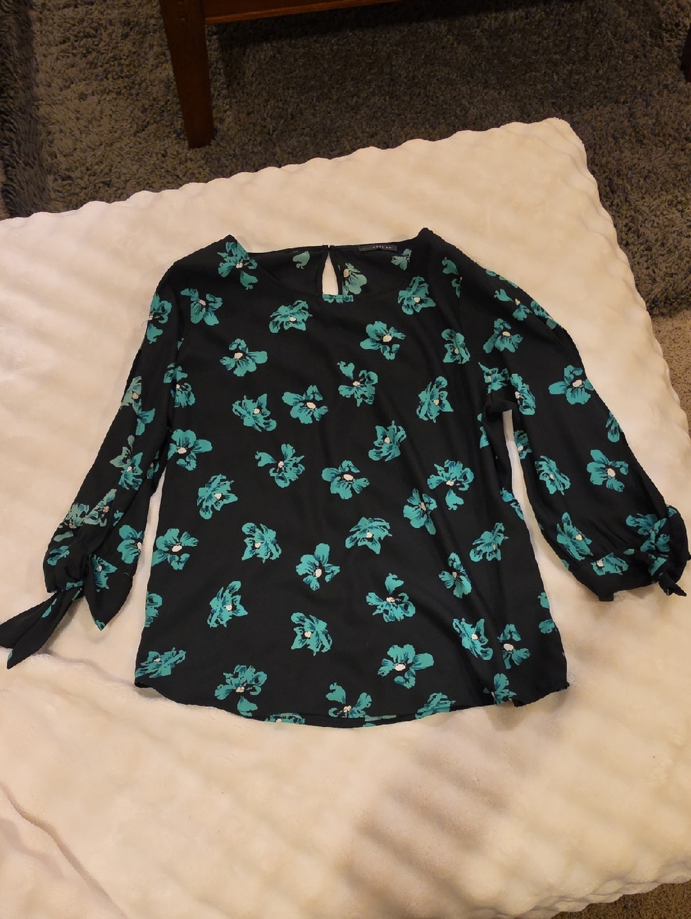 West Key Black Blouse with Teal Floral Print and Tie Cuffs